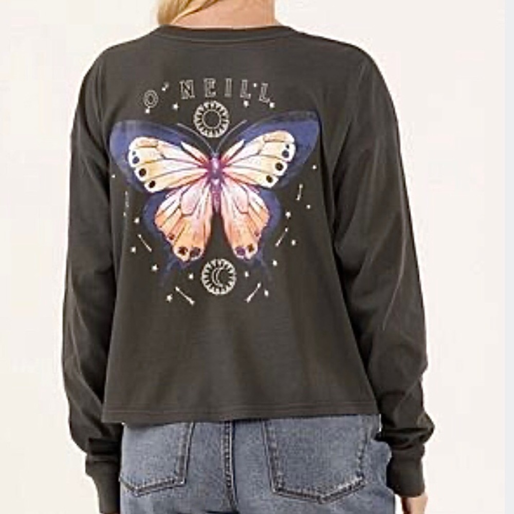 O’NEILL Grey Crew Neck Crop Long Sleeve Graphic Back Shirt- Mystical But…